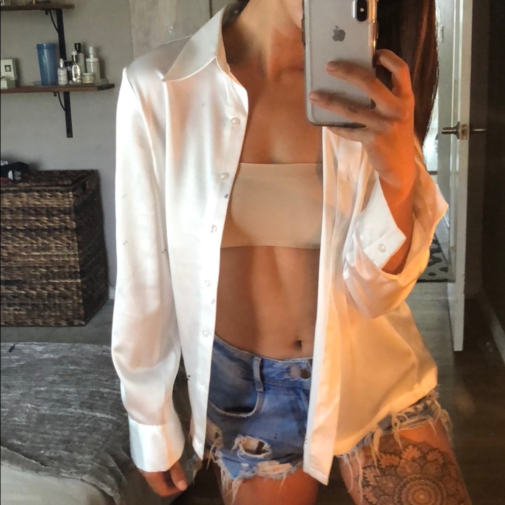 White silk button up top